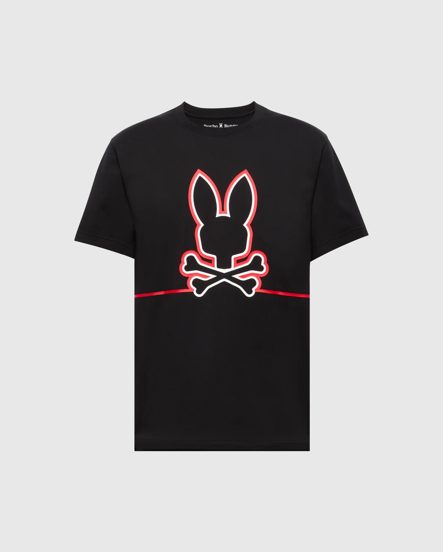 The Psycho Bunny Men's Dacano Front Graphic Tee (B6U314E200) sports a black performance design with a cartoonish bunny head and crossed bones, featuring red-outlined ears for playful skull and crossbones flair in a comfort-forward regular fit.