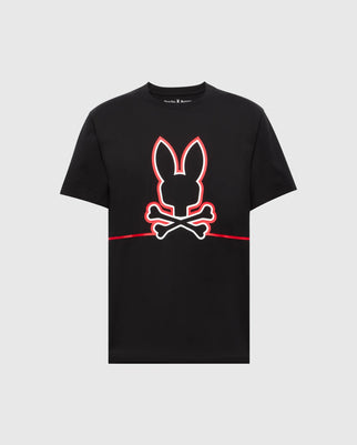 The Psycho Bunny Men's Dacano Front Graphic Tee (B6U314E200) sports a black performance design with a cartoonish bunny head and crossed bones, featuring red-outlined ears for playful skull and crossbones flair in a comfort-forward regular fit.