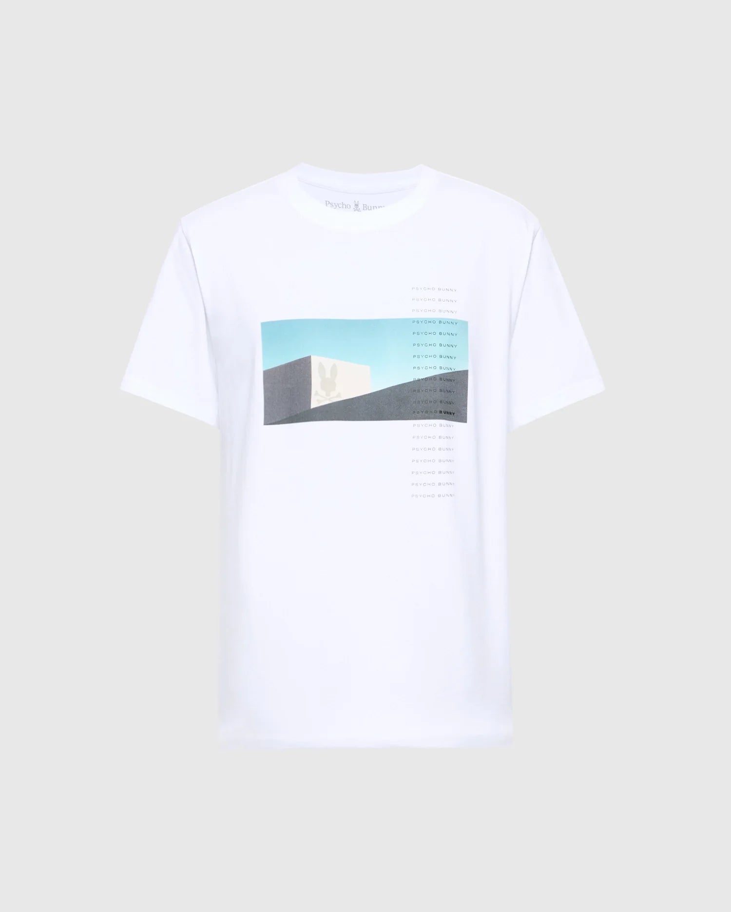 Explore the MENS NEIL PHOTO REAL TEE - B6U389E200 by Psycho Bunny, a white tee made from Peruvian Pima cotton. It features a desert scene graphic with a cactus against blue and gray shades, maintaining minimalistic charm with its plain background.