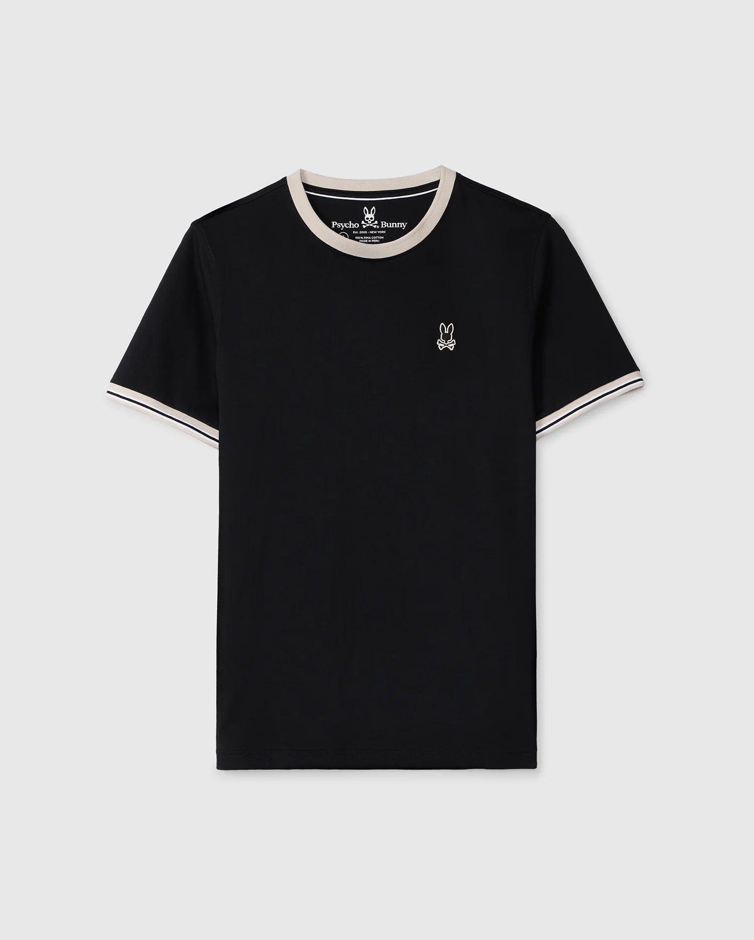 A black MENS SALINA TEE - B6U404B200 featuring contrasting white trim on the collar and sleeve cuffs. Made from soft Pima cotton jersey, it has a small, white embroidered bunny logo on the left side of the chest. The shirt is displayed on a plain, light gray background. The product is from Psycho Bunny.