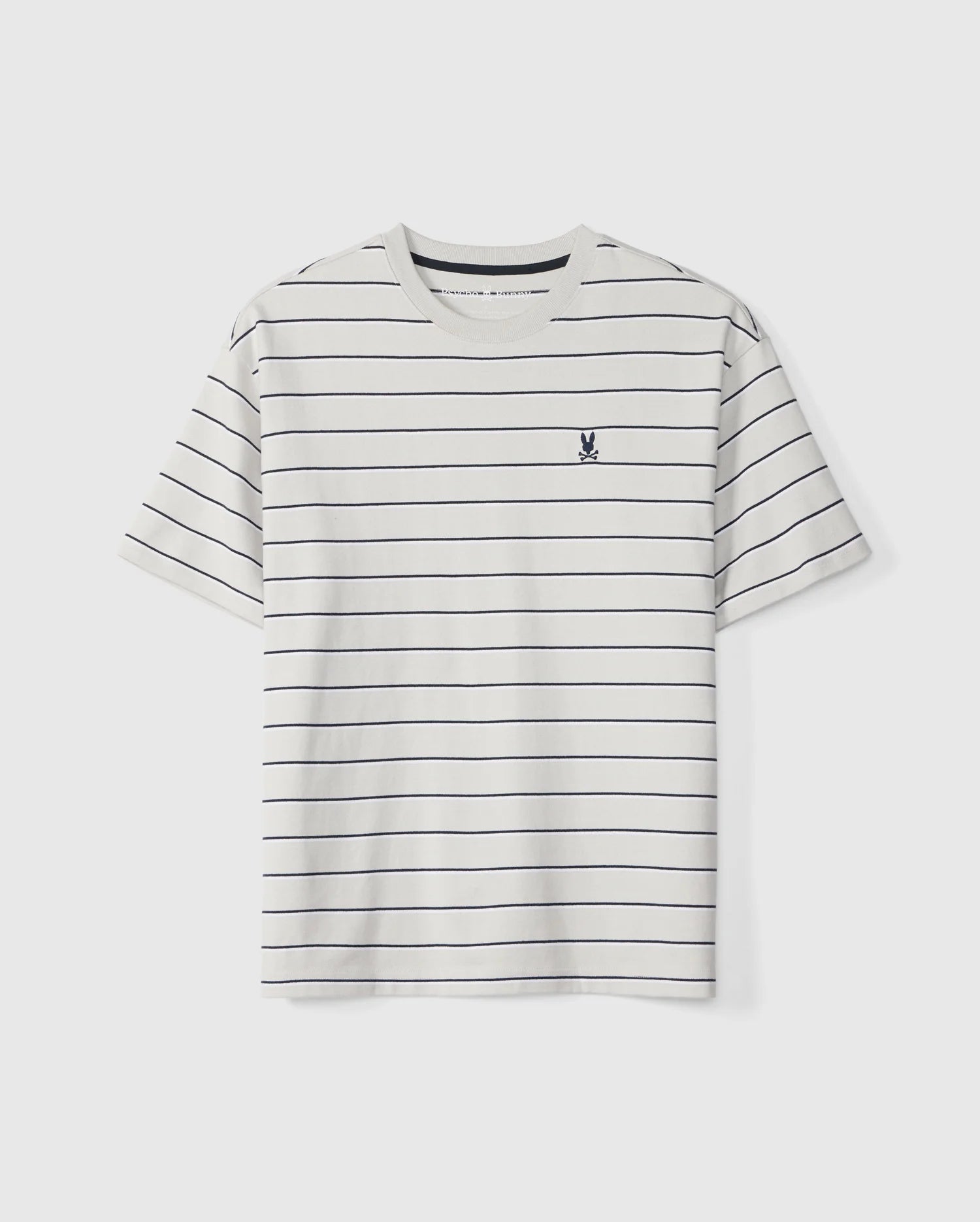 A men's relaxed fit tee made of soft Pima cotton, the Psycho Bunny MENS ALTON STRIPE HEAVY WEIGHT TEE - B6U409C200 features evenly spaced thin black horizontal stripes and a small bird emblem on the left chest. With short sleeves and a round neckline, it offers casual style and comfort against a plain white background.