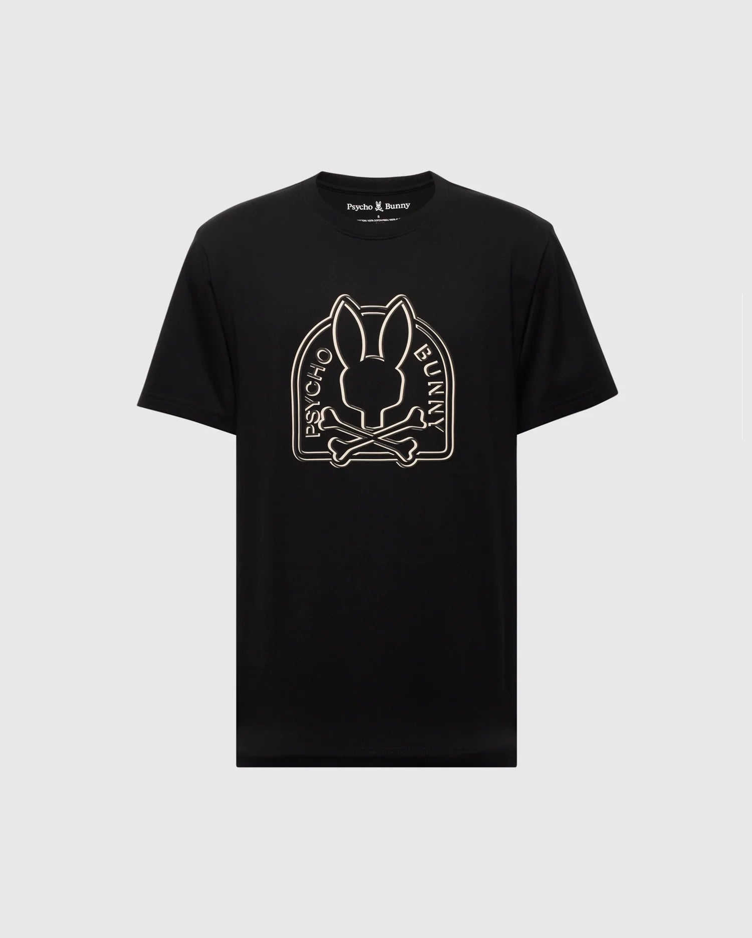 The MENS MELBOURNE GRAPHIC TEE (B6U410F200) by Psycho Bunny is a black eco-friendly Pima Cotton shirt featuring a stylized long-eared Bunny graphic above crossed bones, with 