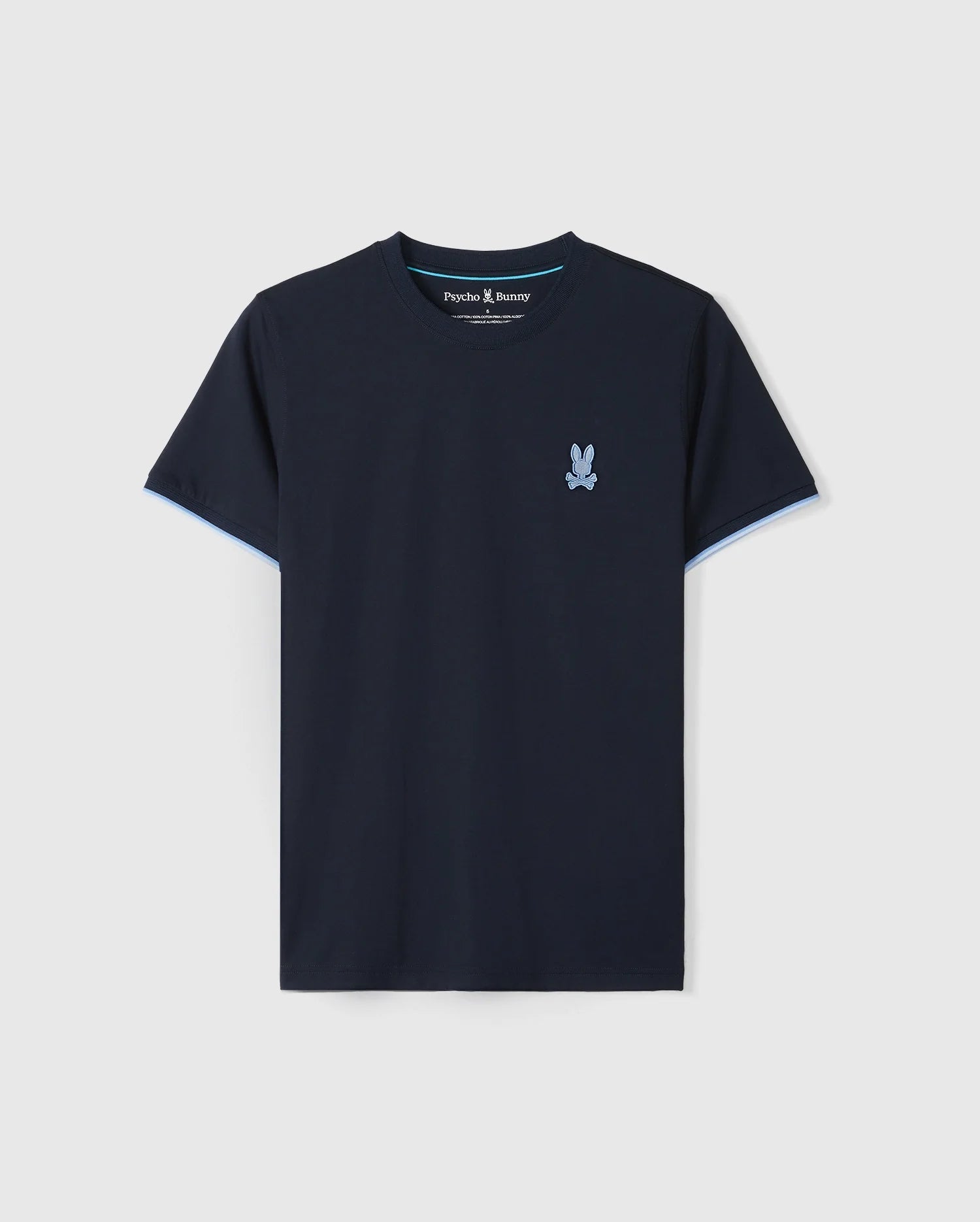 A navy blue MENS HOUSTON FASHION TEE - B6U461C200 with an embroidered light blue bunny logo on the upper left chest. The shirt, made from high-quality cotton, features short sleeves and a round neckline. The brand name 