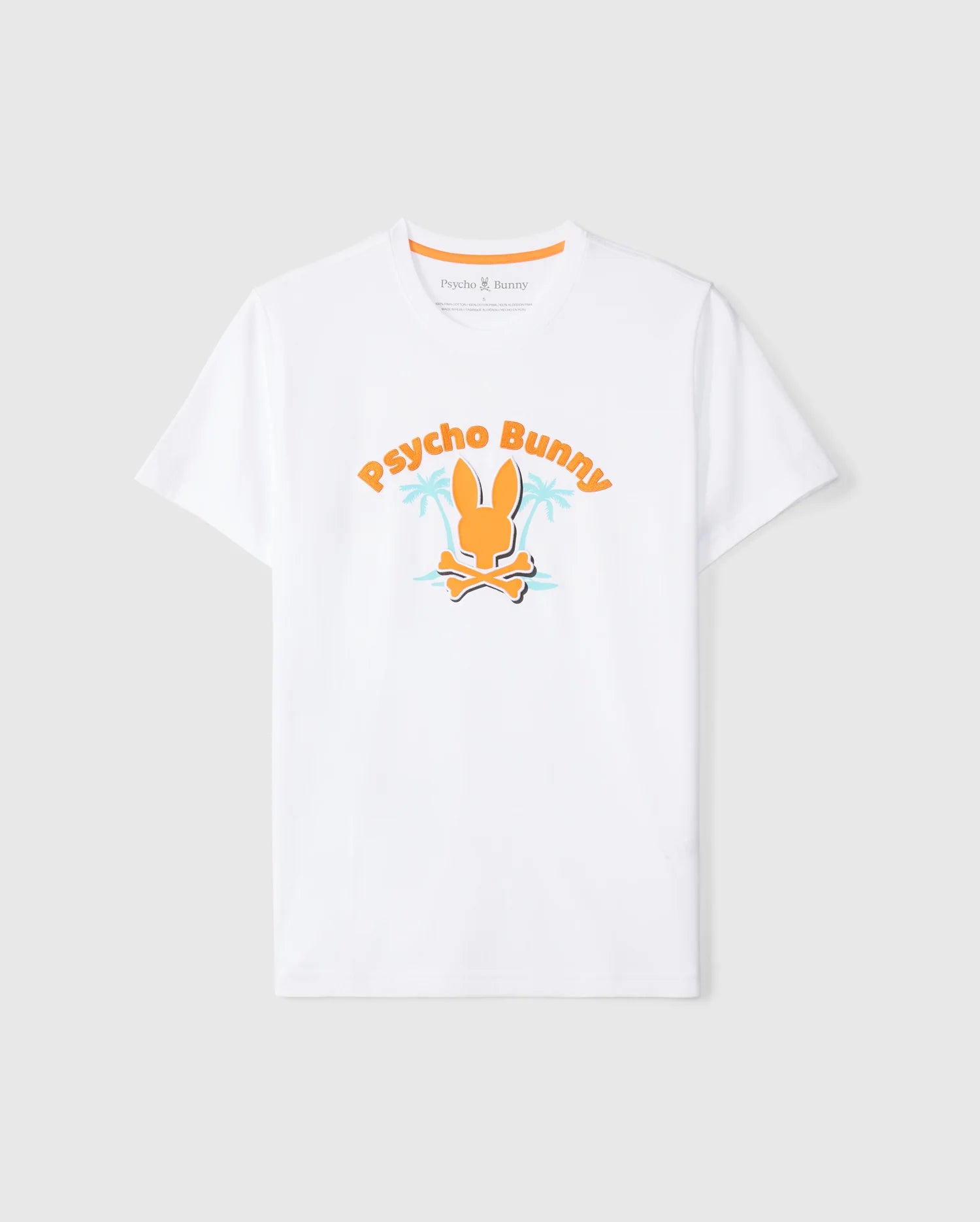 The MENS BOSTON GRAPHIC TEE - B6U573C200 by Psycho Bunny is a white V-neck T-shirt crafted from soft Peruvian Pima cotton, featuring a striking graphic design of an orange bunny skull with bunny ears and crossbones below. The words 