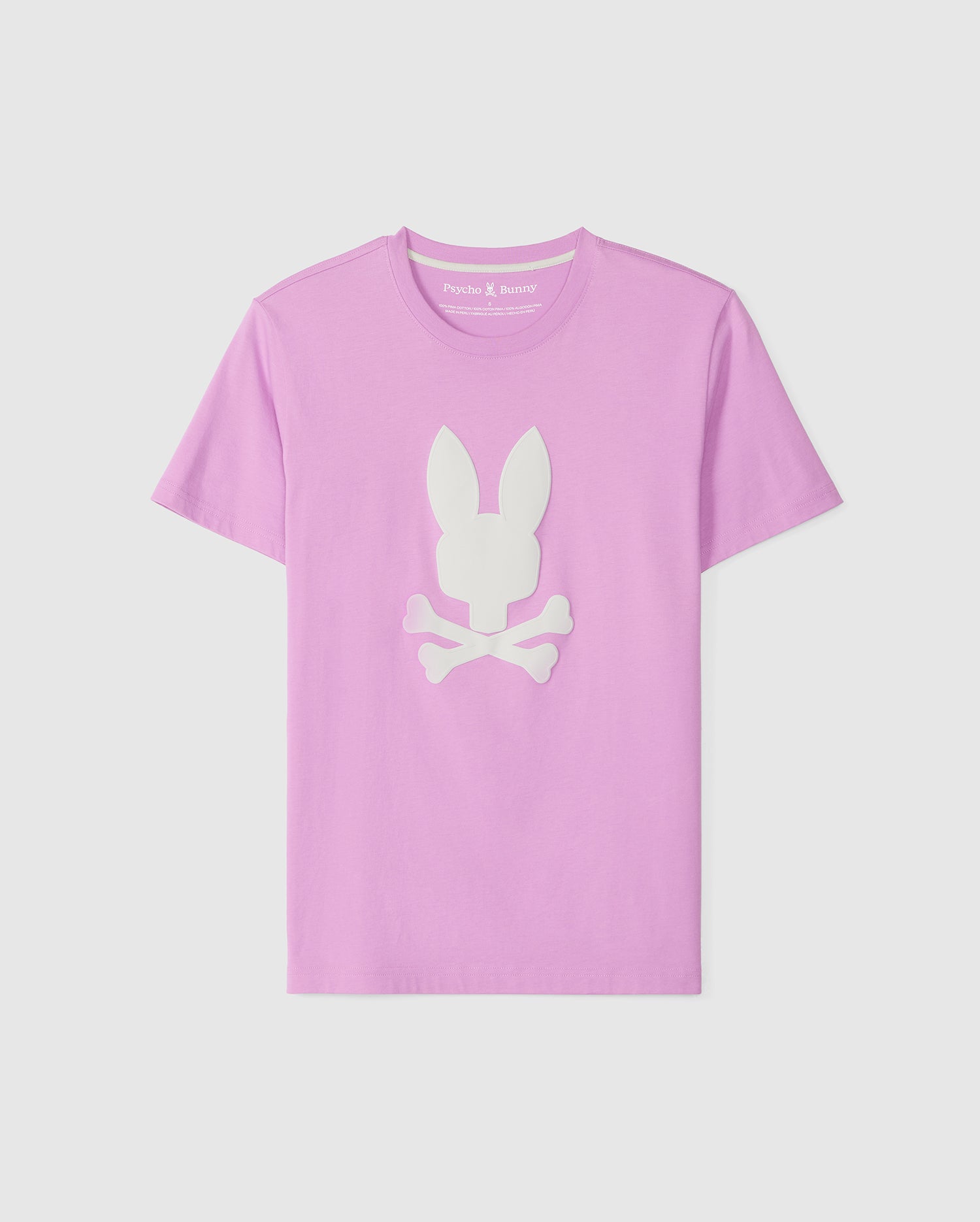 A light purple men's T-shirt made from soft Pima cotton, featuring a white graphic on the front of a rabbit's head above crossed bones, resembling a playful skull and crossbones design. The crew neckline adds to the classic appeal of this unique Psycho Bunny MENS HOUSTON GRAPHIC TEE - B6U607C200.