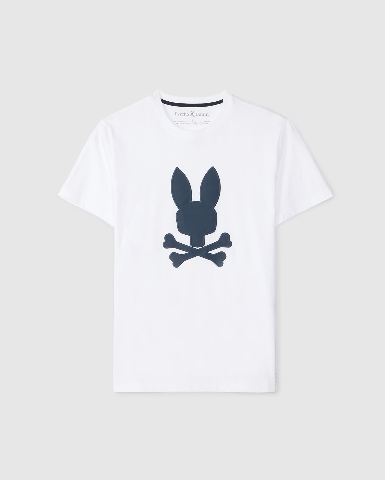 A white graphic tee featuring a black graphic design of a bunny head with crossed bones underneath, resembling a Jolly Roger symbol. Made from soft Pima cotton, the brand name 