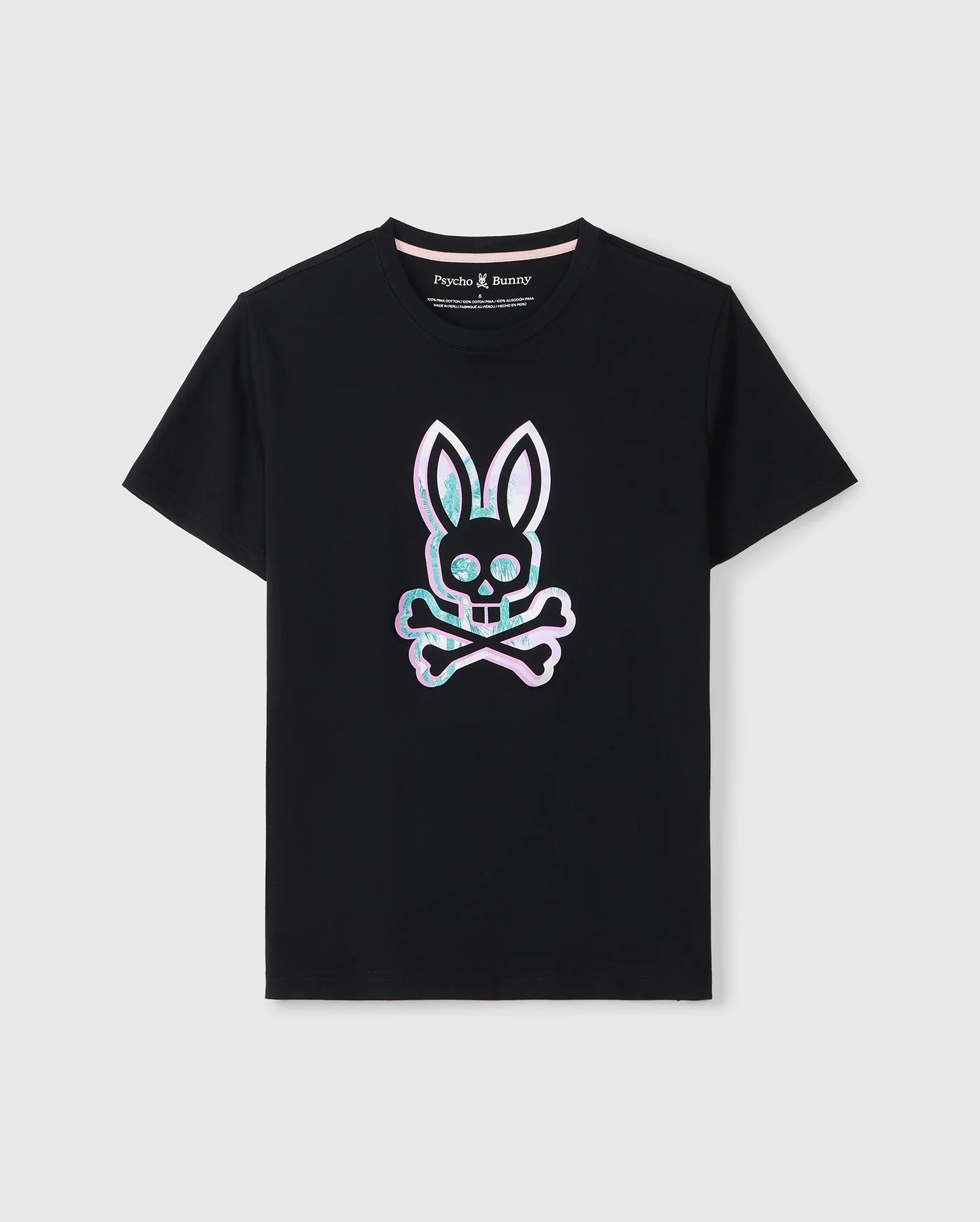 The MENS LEONARD GRAPHIC TEE - B6U609C200 made from high-quality Pima cotton, featuring a colorful holographic graphic of a bunny skull with crossbones on the chest. The shirt has short sleeves and a rounded neckline, with the brand name 