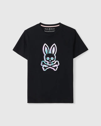 The MENS LEONARD GRAPHIC TEE - B6U609C200 made from high-quality Pima cotton, featuring a colorful holographic graphic of a bunny skull with crossbones on the chest. The shirt has short sleeves and a rounded neckline, with the brand name "Psycho Bunny" visible inside the collar.