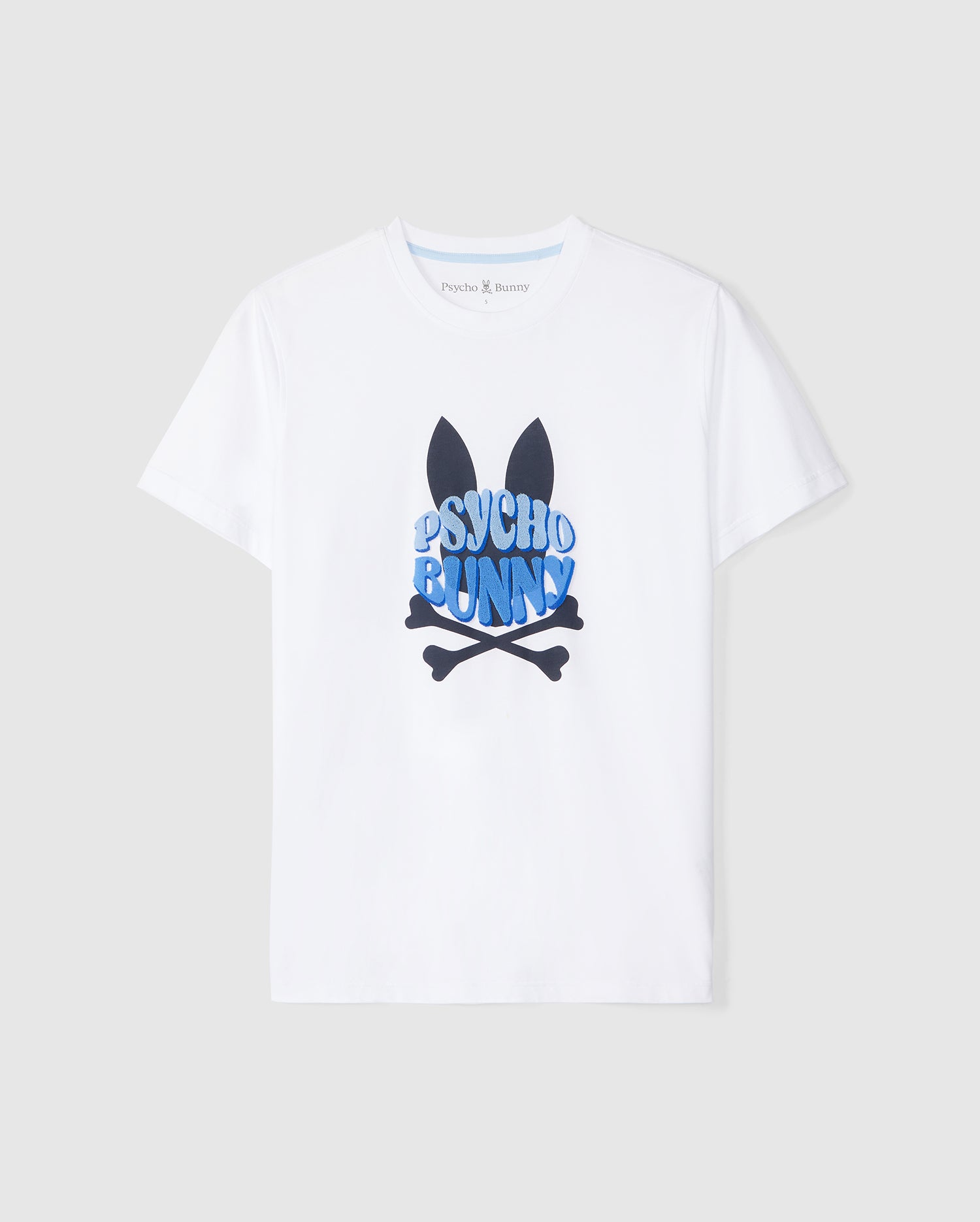 The Psycho Bunny Men's Preston Graphic Tee (B6U611C200), made from premium Pima cotton, showcases an attention-grabbing blue and black design on the front. The striking graphic depicts a bunny head with long ears over crossbones, with the words 