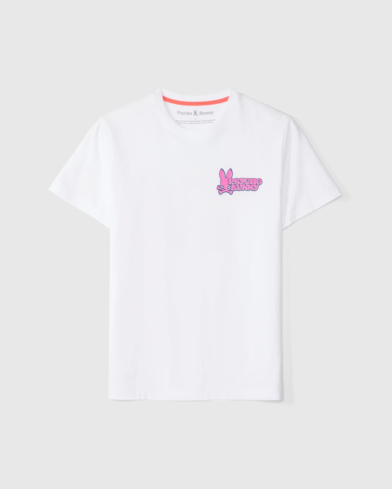 White Psycho Bunny MENS REDLAND GRAPHIC TEE - B6U613C200 with a small pink graphic on the left chest area depicting a raised hand with two fingers extended (peace sign) and the phrase 