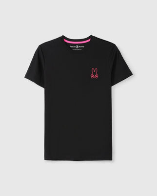 Introducing the Psycho Bunny MENS PEARLAND BACK GRAPHIC TEE - B6U632C200, a sophisticated black tee made from premium Pima cotton. This short-sleeve design includes a round neckline, adorned with a small pink embroidered Bunny logo on the left chest. The collar features an inner pink lining, providing a subtle contrast to the black fabric.