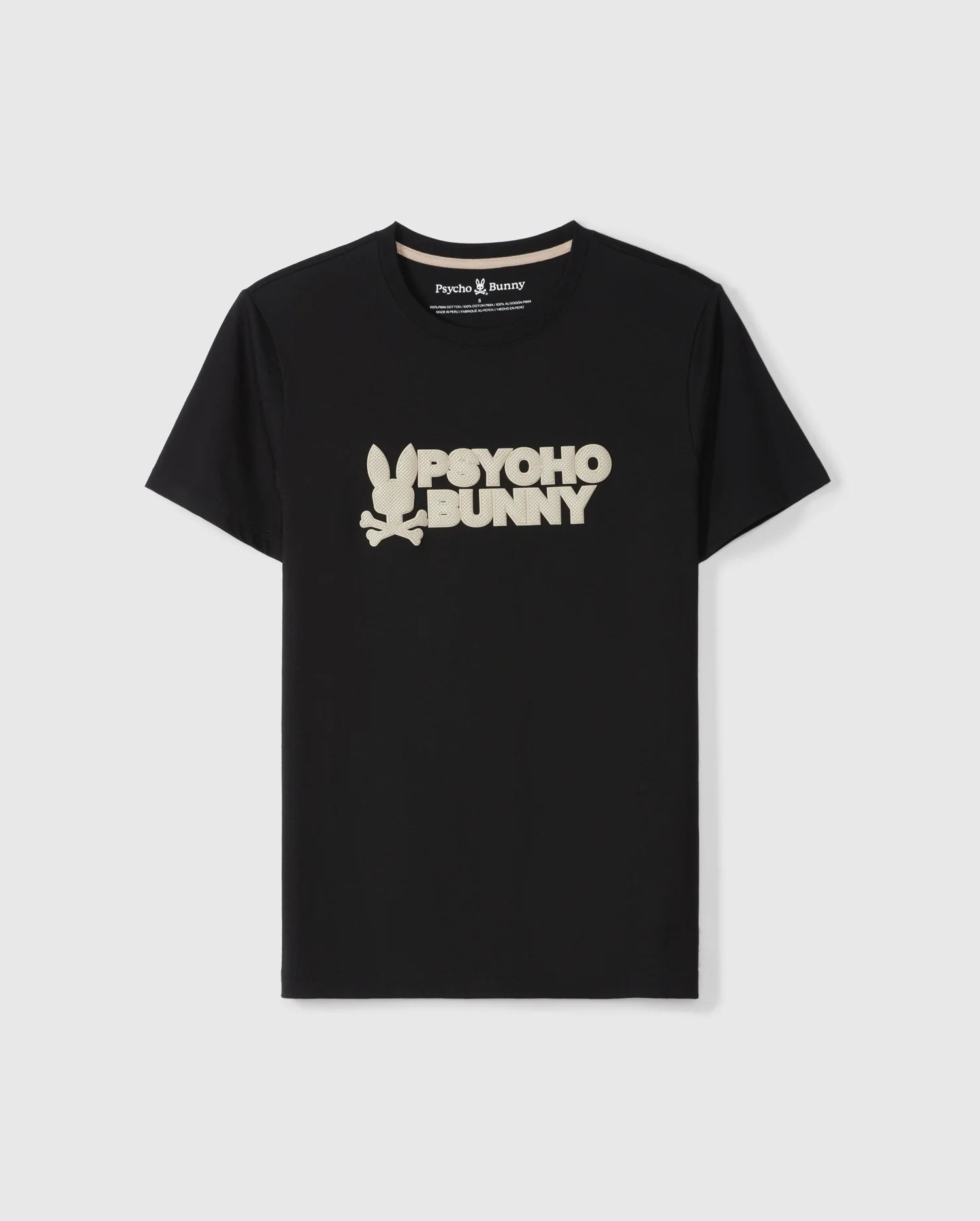 The Psycho Bunny MENS MELVIN GRAPHIC TEE - B6U663C200 is a black t-shirt crafted from soft Pima cotton, featuring beige text and a front design that reads 