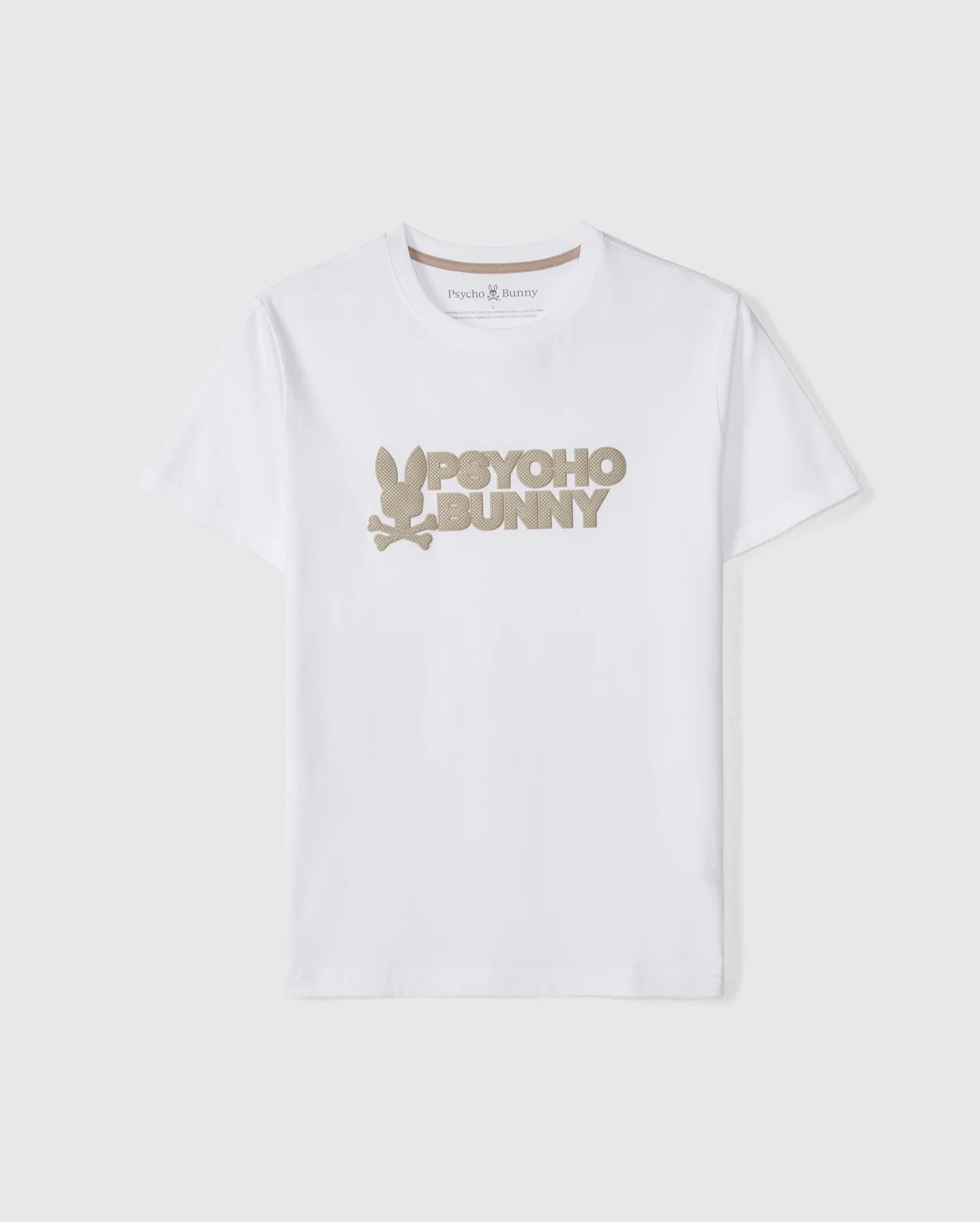 The Psycho Bunny MENS MELVIN GRAPHIC TEE - B6U663C200 is a white T-shirt made from soft Pima cotton. It showcases the words 