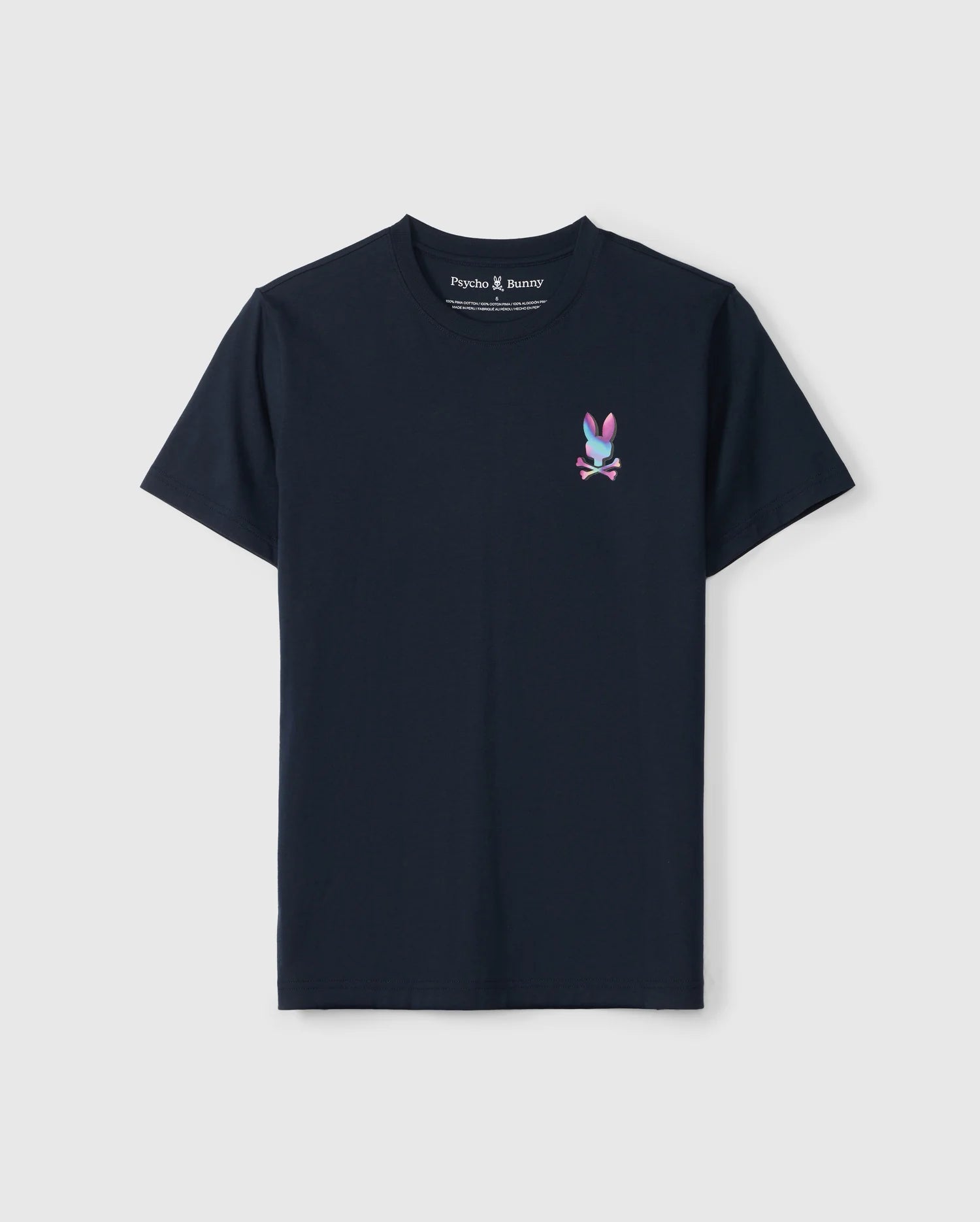 A navy blue MENS TYLER BACK GRAPHIC TEE - B6U674C200 made from 100% Pima cotton, featuring a small, multicolored bunny logo with crossed bones beneath it on the left chest area. The brand name 