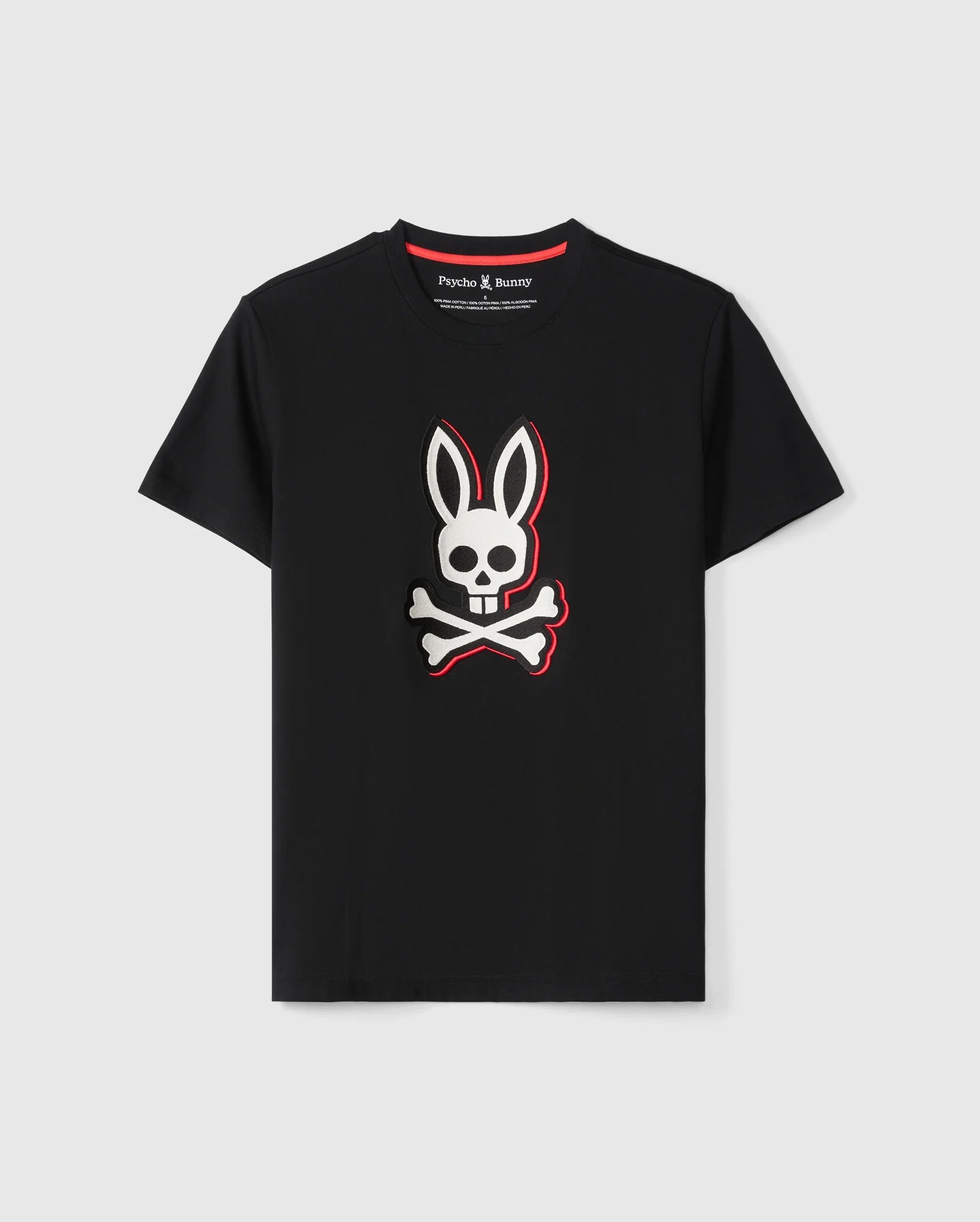 A black Psycho Bunny MENS KAYDEN GRAPHIC TEE - B6U676C200 featuring a stylized white skull and crossbones, with bunny ears, outlined in red on the front. Made from soft Pima cotton, it has a round neck and short sleeves.