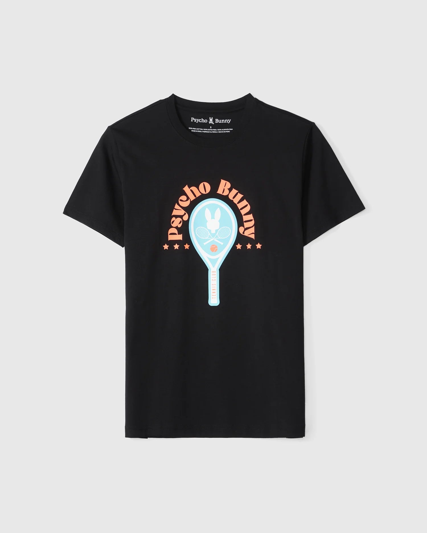 The black Psycho Bunny Courtside Graphic Tee (B6U682C200) features a large tennis-themed image with a light blue racket and the bunny skull logo. 