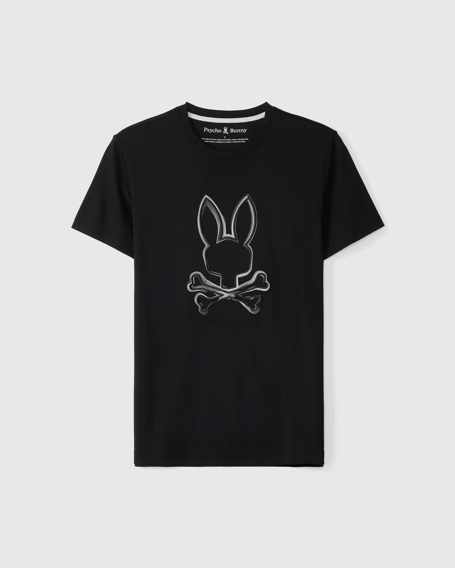 The Psycho Bunny MENS VINCENT GRAPHIC TEE - B6U713D200 is a black Pima cotton t-shirt featuring a stylized bunny head above two crossing bones in a skull-and-crossbones design. The bunny and bones are outlined in a lighter color, creating a striking contrast against the durable fabric.