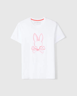 The MENS VINCENT GRAPHIC TEE - B6U713D200 by Psycho Bunny is crafted from soft Pima cotton and showcases a pink outlined bunny head above crossed bones on the front. Its durable style pops against a plain gray backdrop, making it an essential piece for any contemporary wardrobe.