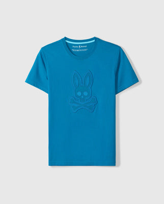 MENS MALTON GRAPHIC TEE - B6U795D200 in blue Pima cotton by Psycho Bunny, featuring a raised design with a bunny skull and crossbones on the front, highlighting exceptional Peruvian craftsmanship.