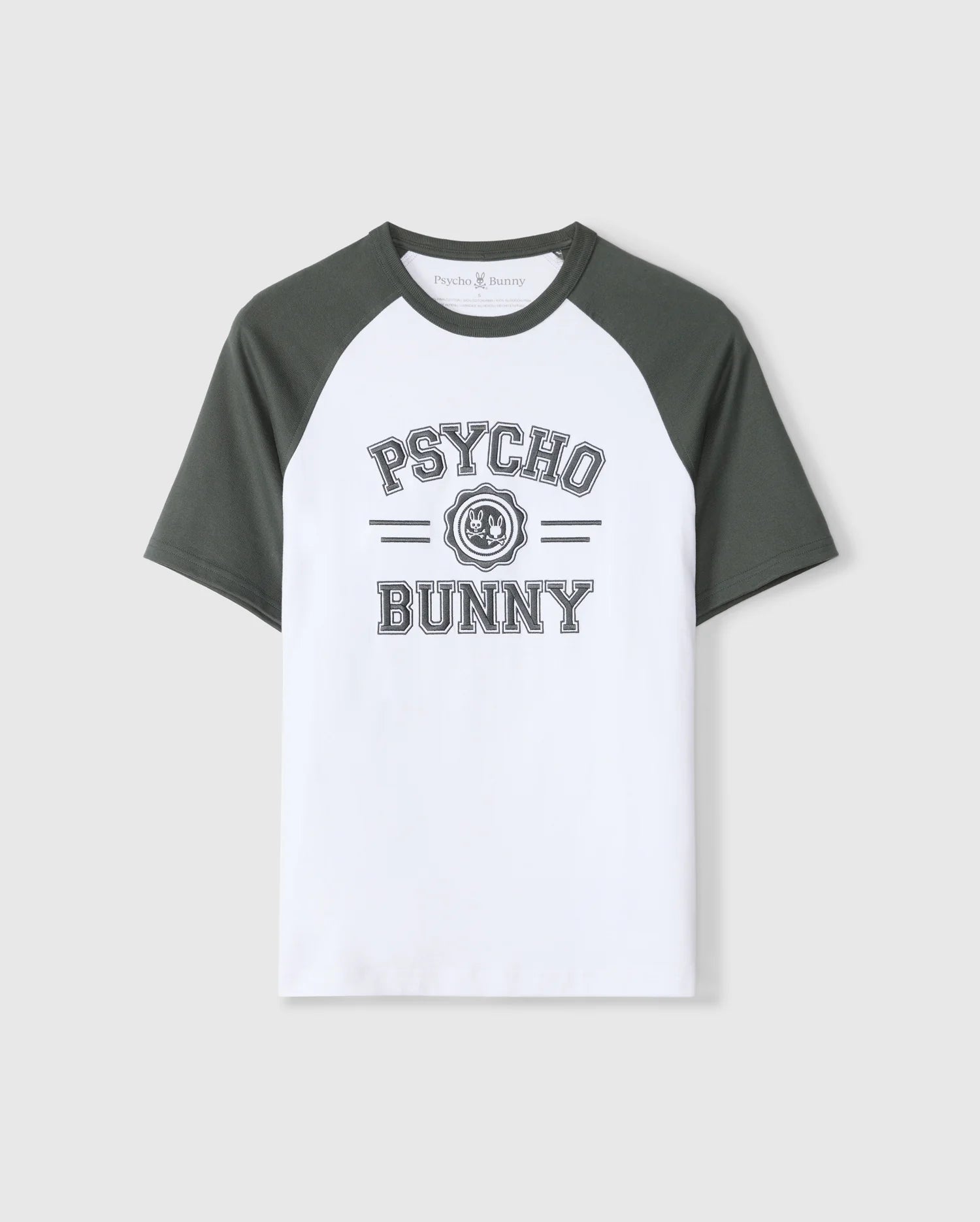 The MENS LONDON RAGLAN GRAPHIC TEE by Psycho Bunny (B6U896D200) is a white heavyweight jersey tee featuring dark green raglan sleeves. 