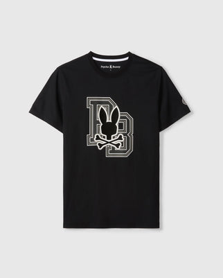 The MENS ZACK GRAPHIC TEE - B6U897D200 by Psycho Bunny is a luxurious black T-shirt made from Pima cotton, featuring a contrasting white outline design that integrates the letters "P" and "B" with a rabbit head and crossbones in the center. The brand name "Psycho Bunny" is displayed inside the collar area.