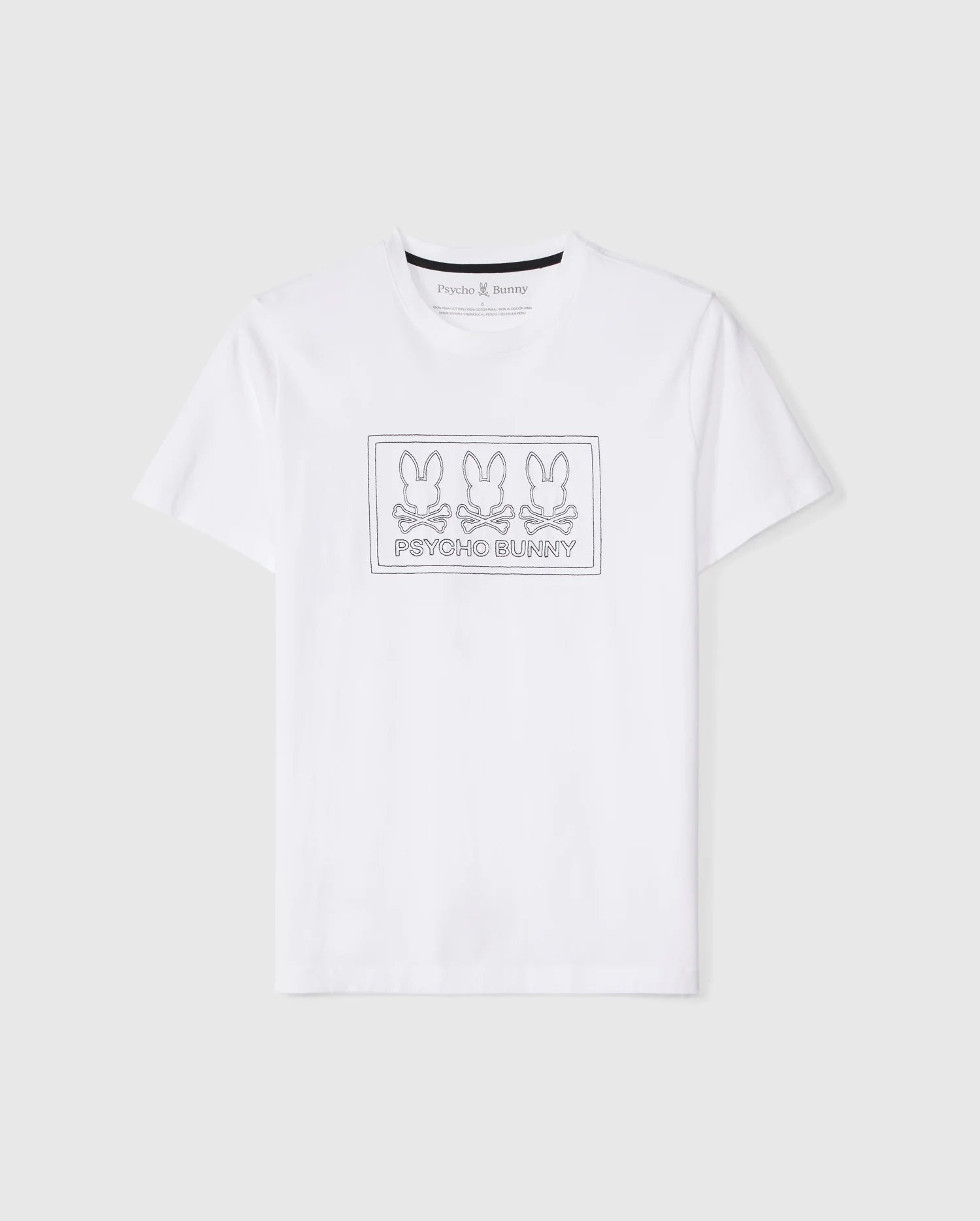 Introducing the MENS TACOMA GRAPHIC TEE - B6U909D200 by Psycho Bunny, a plain white graphic tee showcasing a rectangular graphic on the chest with three outline-style bunny heads above the 