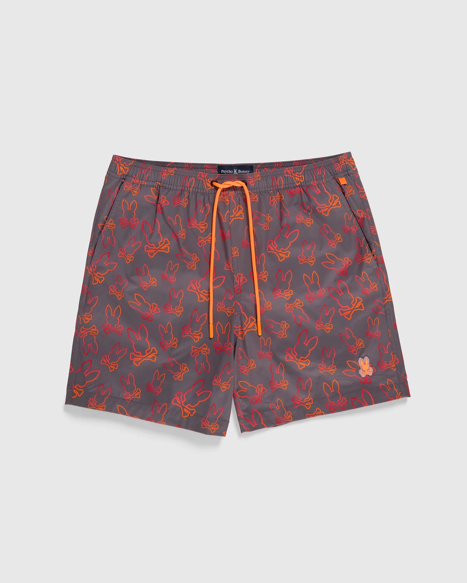 Introducing the Mens Sheldon All Over Print Swim Trunk - B6W588C200 by Psycho Bunny: These gray swim trunks showcase a playful bunny pattern in red and orange silhouettes. They are crafted for quick drying and feature an elastic waistband with an adjustable neon orange drawstring, complete with a small embroidered bunny logo on the lower left leg.