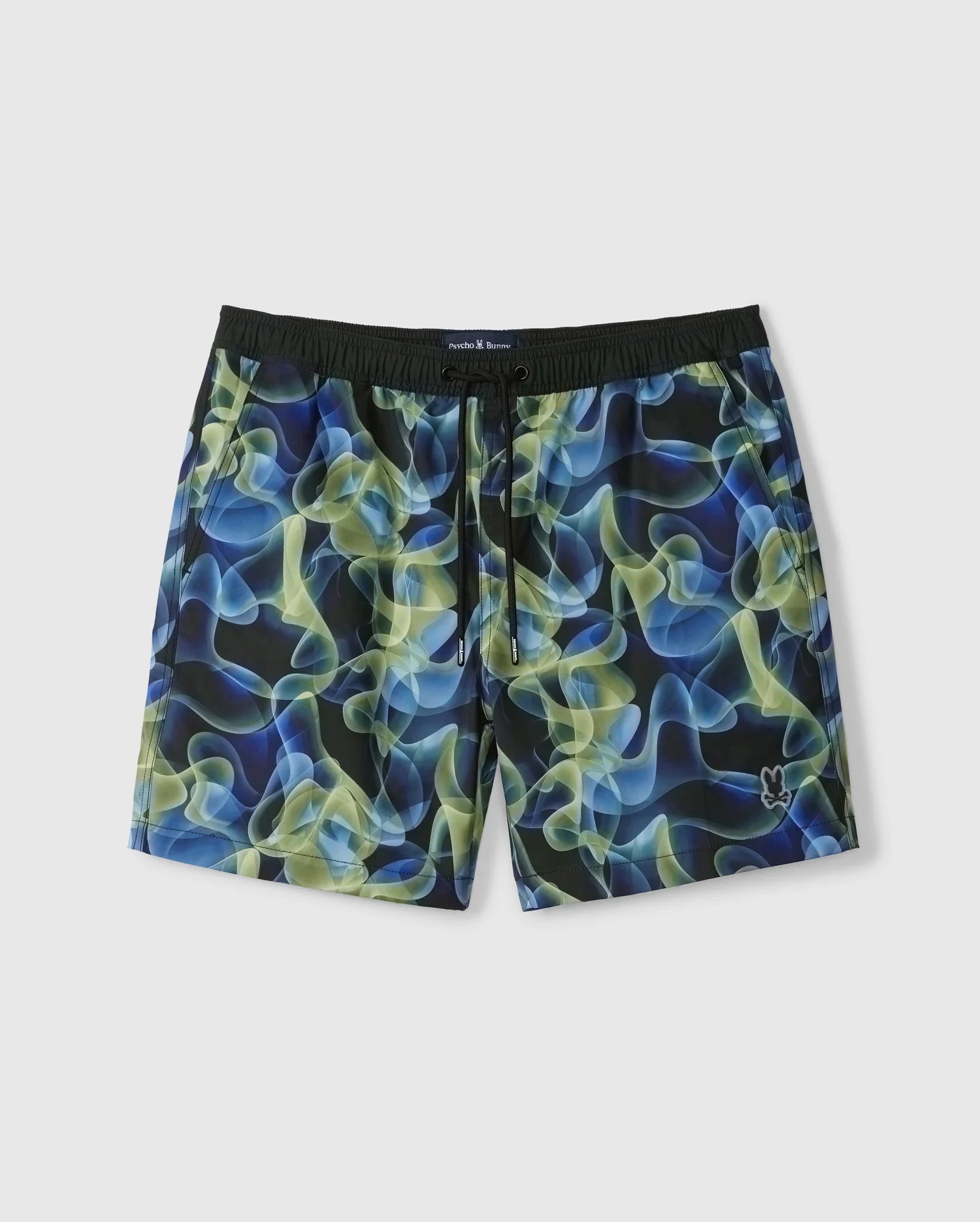 Introducing the MENS GOLDCREEK ALL OVER PRINT SWIM TRUNK - B6W672C200 by Psycho Bunny: men's swim trunks with an elastic waistband and drawstring, crafted from durable polyester. They feature a vibrant blue, green, and yellow smoke pattern along with a small embroidered logo near the bottom left hem.