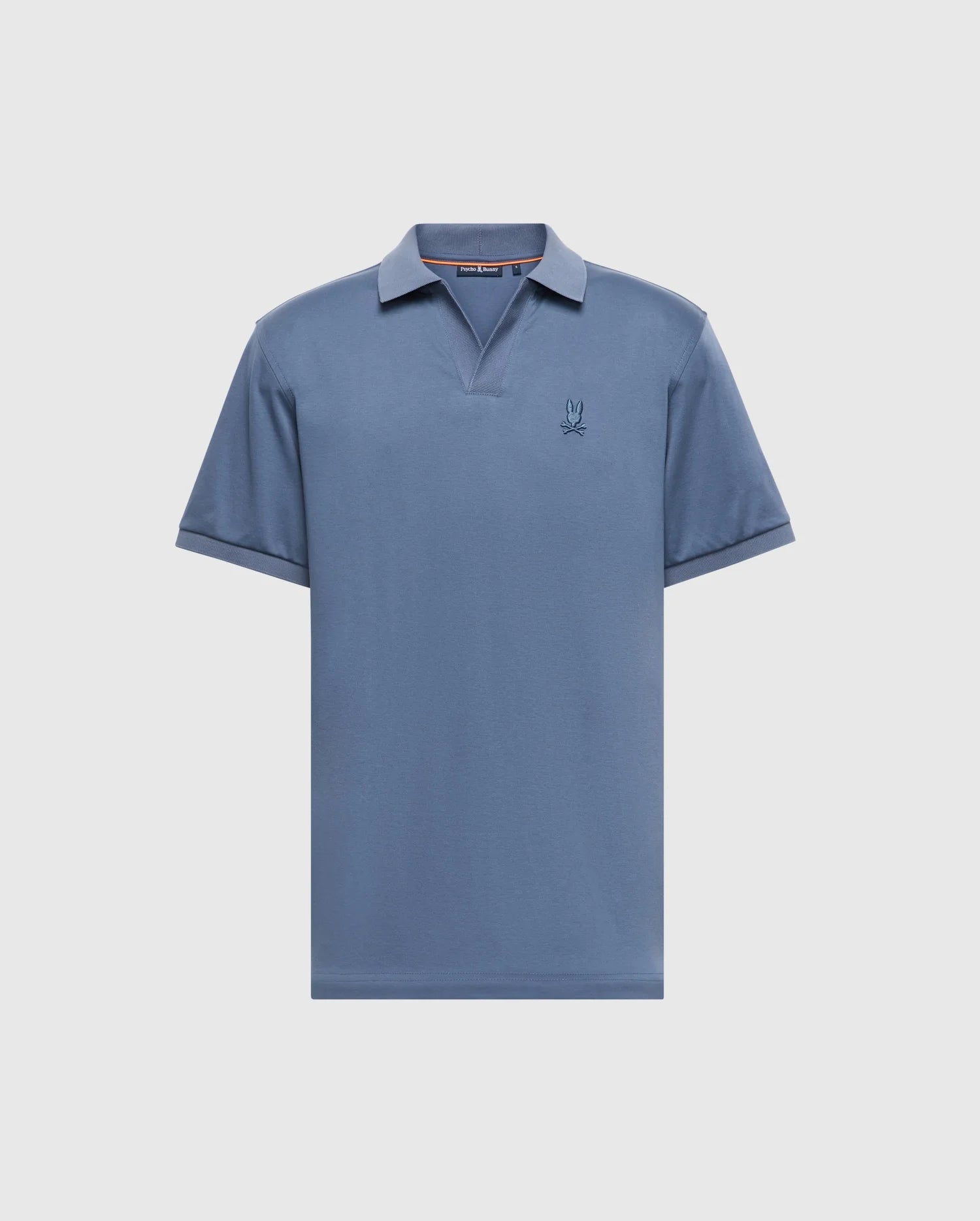 The Psycho Bunny Men's Big and Tall Broadway Pima Interlock Johnny Collar Polo, Item B9K891D200, is made from luxurious Pima cotton and features a blue hue with short sleeves, a split collar, and a charming small embroidered rabbit logo on the chest against a plain light gray background.