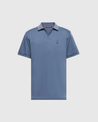 The Psycho Bunny Men's Big and Tall Broadway Pima Interlock Johnny Collar Polo, Item B9K891D200, is made from luxurious Pima cotton and features a blue hue with short sleeves, a split collar, and a charming small embroidered rabbit logo on the chest against a plain light gray background.