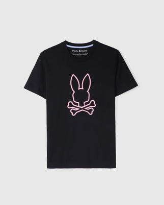 A black men's MENS FLOYD GRAPHIC TEE - B6U338B2TS featuring a neon pink Bunny head with crossed bones underneath, centered on the front. Made from soft Pima cotton, it boasts an embroidered Bunny outline. The label inside the shirt reads "Psycho Bunny." Displayed on a white background.